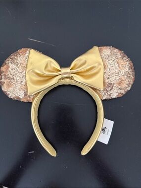 Disney Gold Sequin Minnie Ears Headband with Metallic Bow